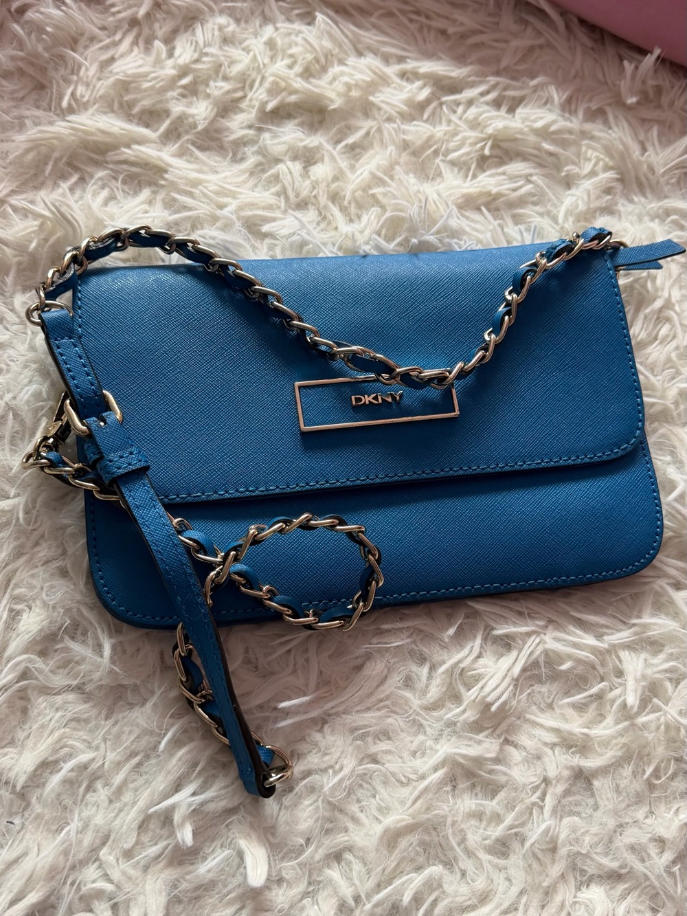 DKNY Blue Leather Crossbody with Gold Chain Strap